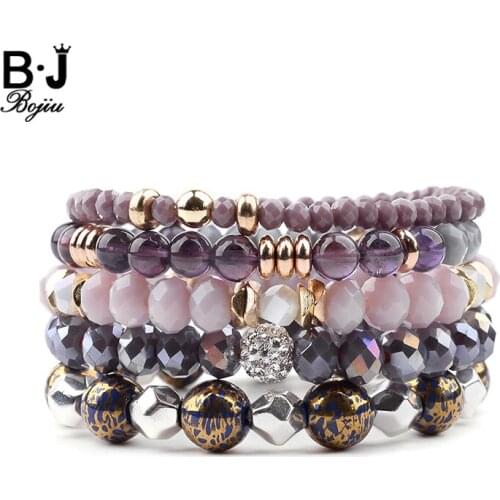 BOJIU 5 Pcs/Set Trendy Multilayer Women Bracelets Purple Gray Crystal Blue Enamel Violet Quartz Agates Copper Bracelet BCSET244