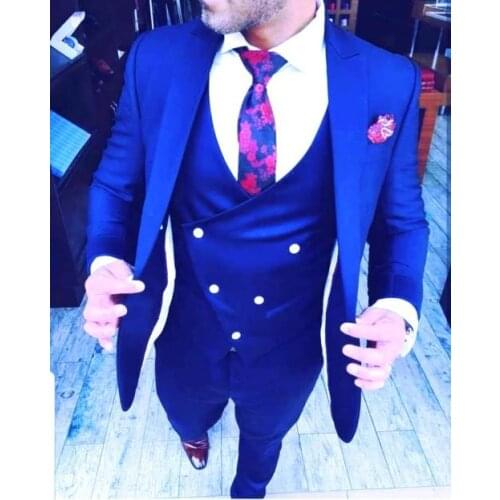 Fashionable One Button Royal Blue Groom Tuxedos Groomsmen Peak Lapel Mens Suits Blazers (Jacket+Pants+Vest+Tie) W:1000