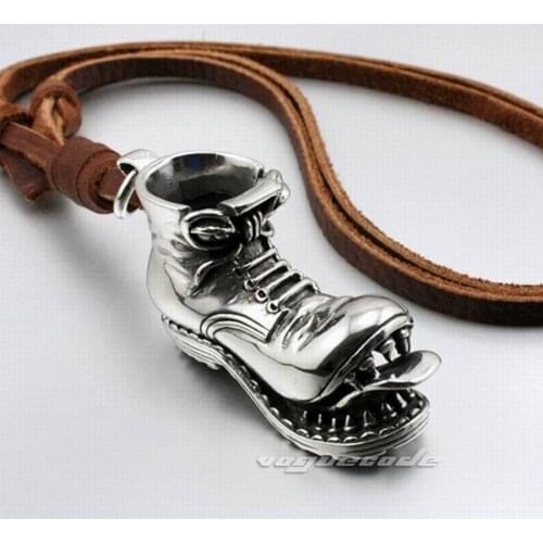 316L Stainless Steel Mens Skull Boot Pendant Genuine Leather Necklace 4S026 Biker Rock Punk Style