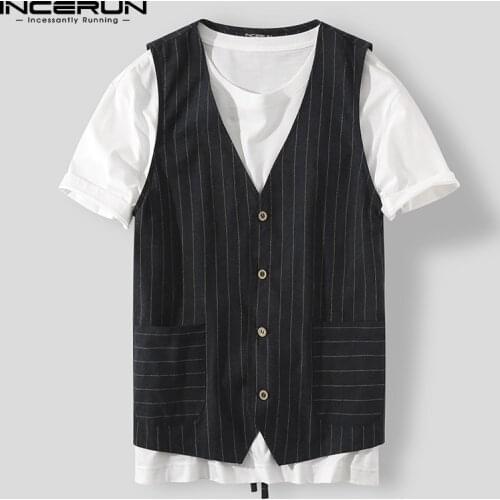 2021 Men Vests Striped Sleeveless V Neck Streetwear Blazers Waistcoat Button Fitness Fashion Casual Men Suit Vests S-5XL INCERUN