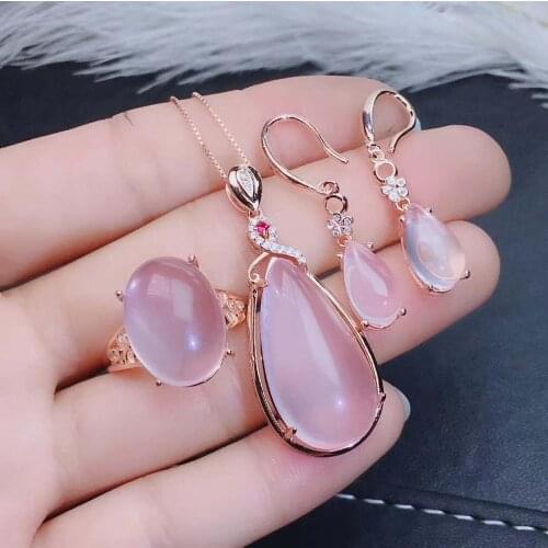 Real Natural Rose Quartz jewelry set Natural Real Rose Quartz 925 sterling silver 1pc pendant,1pc ring,2pcs Earring