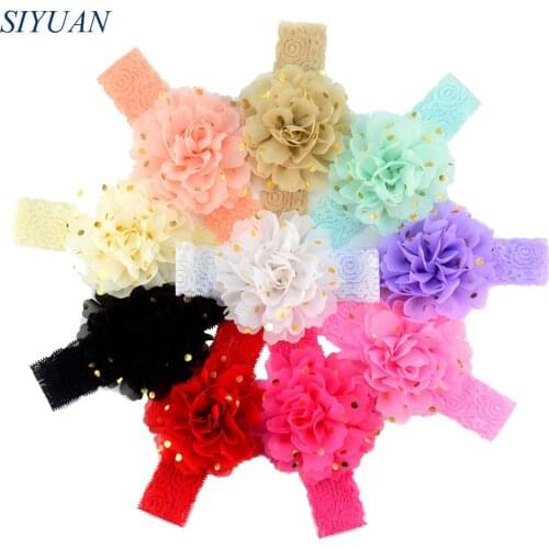 Wholesale 100pcs/lot Elastic Lace Headband with 10.0cm Gold Polka Dot Chiffon Flower Sustainable Headwear Resourse FD228