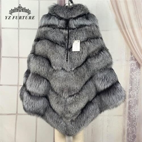 Luxury Whole Skin Sliver Fox Fur Cape Coat For Woman One Size Girl Fashion Popular Warm Coat High Quality FP-001