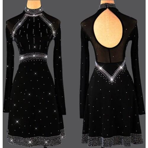 Rhinestone Long Sleeve Dress For Women Black Lace Latin Dress Female Nightclub Party Professional Competition Dance Dress VDB117