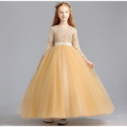 Flower Girl Dresses Illusion Three Quarter O-Neck Princess Crystal Gold Floor-Length Lace Tulle Embroidery Kids Party Gown H160