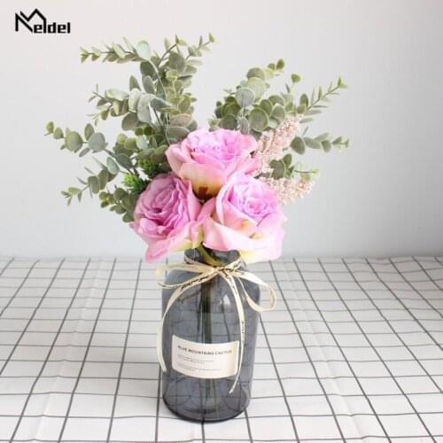 Dropshipping Wholesale Silk Rose and Eucylaptus Leaves Bouquet Flowers DIY Wedding Home Decor Artificial Bouquet Flowers