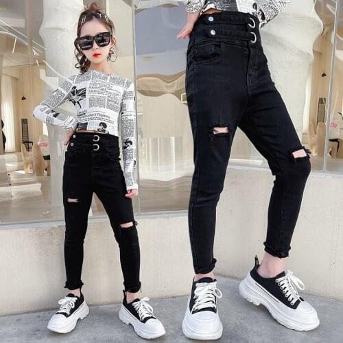 Girls Ripped Jeans 2021 Spring Autumn Childrens Leggings Kids Trousers New Children Clothing Girls Slim Pencil Pants