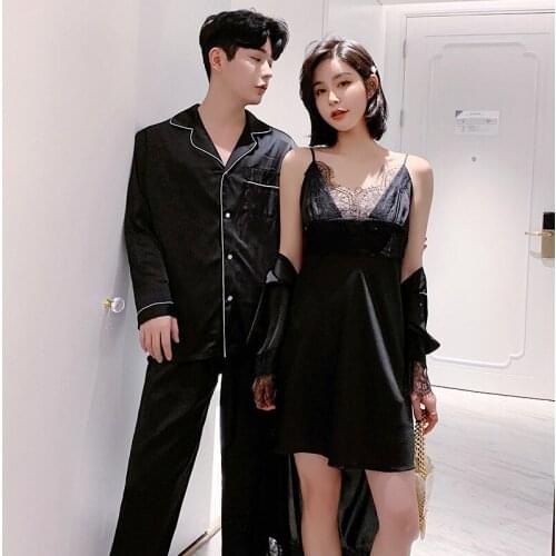 Spring Summer Lovers Nightgown Long Sleeve Trousers Lace Nightdress Sling Robe Silk 2Pcs Set Home Wear Men Womens Nightwear