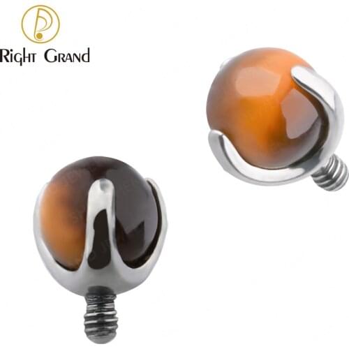 Right Grand ASTM F136 Titanium Prong Set Tiger Eye Dermal Anchor Tops 14G 16G Internal Threaded Dermal Anchor Base Piercing