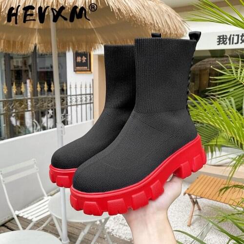 2021 Red Chunky Sole Platform Sock Boots Stretch Fabric Shoes Women Mid-Calf Thick Heel Chelsea Biker Booties Large size 35-43