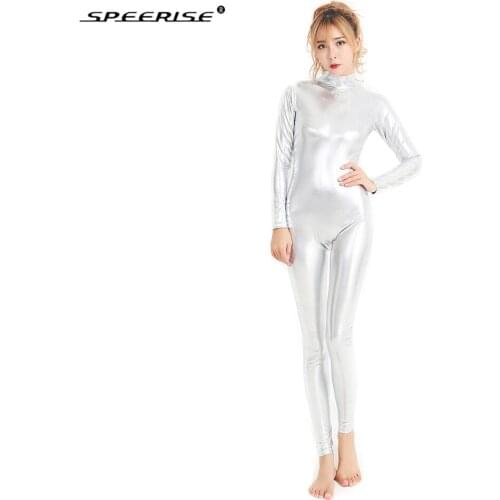 SPEERISE Women Silver Metallic Catsuits Long Sleeve Unitards Full Body Bodysuit Spandex Dance Gymnastic Stagewear Unitard