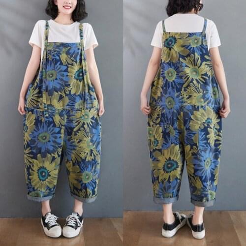 Women Denim Suspender Rompers Jumpsuit Summer Korean Style Floral Print All-Match Wide Leg Tooling Overalls Friend Jeans Blue