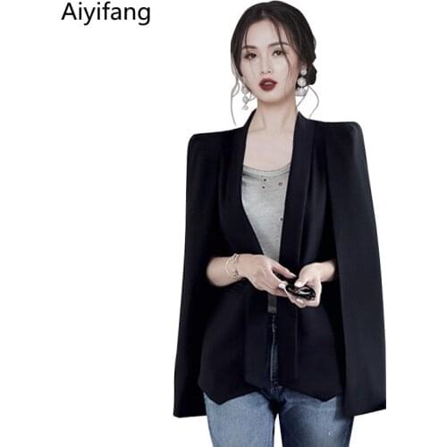 2021 Spring Runway Women Vintage Cape Shawl Blazer Coats Office Lady Turn-Down Collar Open Stitch Cloak Blazers Black White Tops