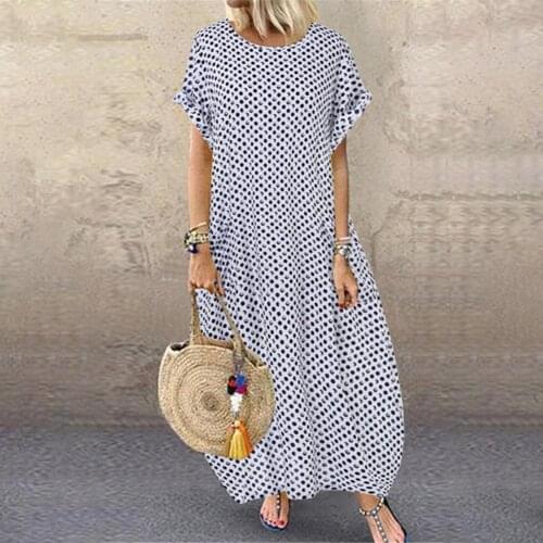 Autumn Casual Women Dresses Polka Dot Print Loose Round Neck Short Sleeve Long Maxi Dress Ankle-Length Ruffles Dresses for Women