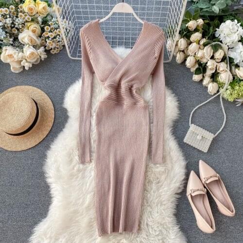 ALPHALMODA Fall/Winter 2019 New Tidy Sexy Dress Big V-neck Sexy Women Dress Rip Strip Slim Solid Basic Bottom Women Knit Dress