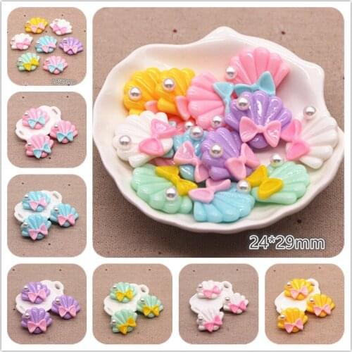 10pcs 24*29mm Resin ABS Pearl Seashell with Bow Flat back Cabochon DIY Phone/Craft Scrapbooking