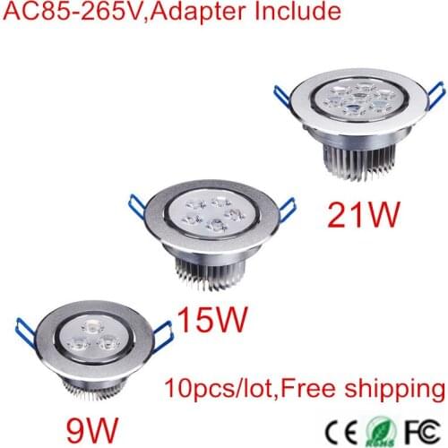 10pcs/lot 9w 15w 21w Warm/Natural/Cold White LED Recessed Downlight AC85-265V for home bathroom kitch store lights