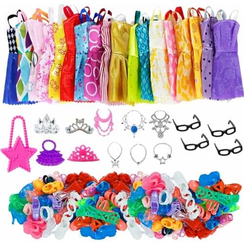 35 Item/Set Doll Accessories=10x Doll Clothes Dress +4x Glasses +6x Plastic Necklace +2x Handbag +3x Crown +10x Shoes for Barbie
