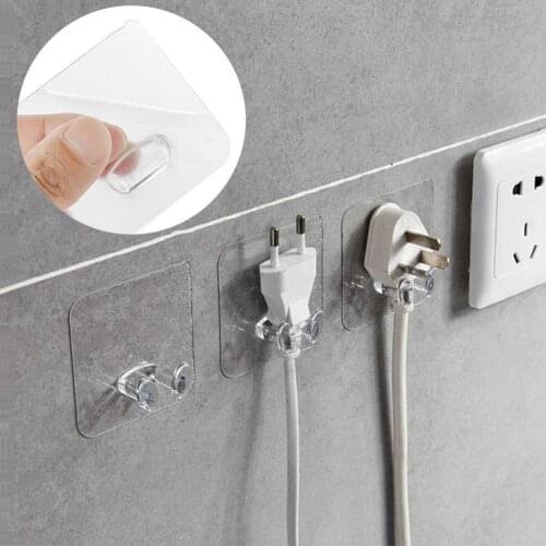 6pcs Plastic Transparent Seamless Adhesive Hooks Wall Rack Traceless Hook Waterproof Plug Wire Fixing Household Kitchen Tools