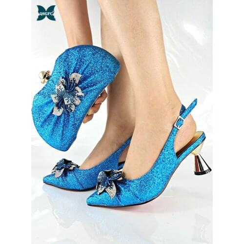 African Fashion 2021 Hot Sellingl Italian Design Sky Blue Color Party Elegant Ladies Shoes and Bag Set Decorated With Flower
