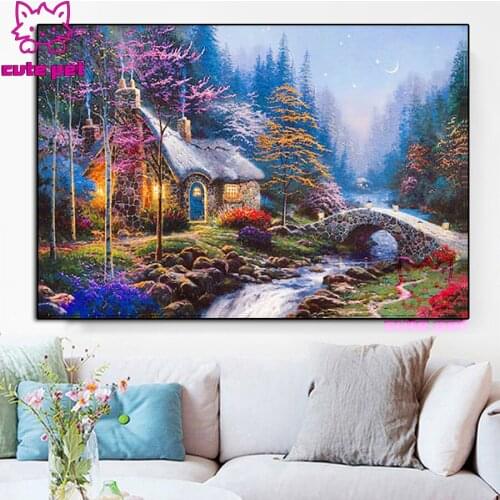 DIY Diamond Painting European retro mountain house river landscape 5D Crystal square Drill Embroidery Home Decor Mosaic Gift