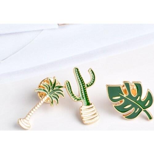 Simple Cartoon Green Plant Coconut Tree Mexican Cactus Leaf Metal Brooch Pins DIY Button Pin Denim Jacket Pin Badge Gift Jewelry