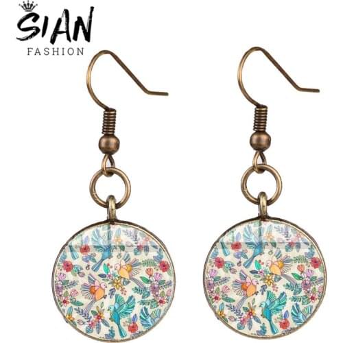 SIAN Novelty Birds Blooms Photo Long Earrings 2019 Khokhloma Russian Folk Art Patterns Glass Gem Boho Earring Elegant Jewellery