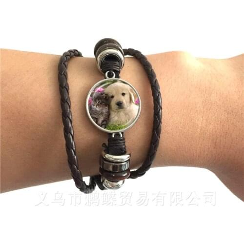 Classic Black/Brown Leather Bracelet Pug In A Tea Cup Dog Glass Cabochon Weave Multi-layer Weave Bangle Women Men Jewelry