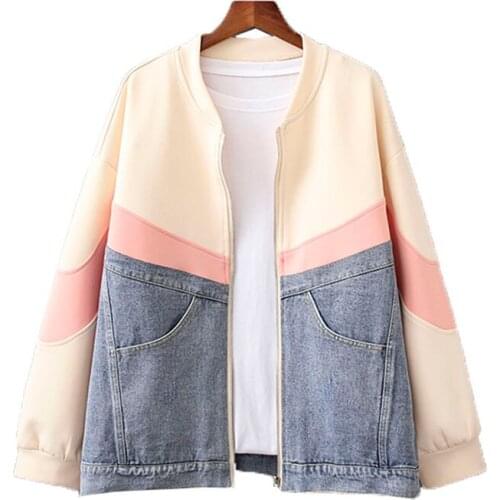 Casual Loose Plus Size Womens Coat New 2020 Spring Autumn Zipper Contrast Denim Jacket Outwear Fashion Female Tooling 4XL K978