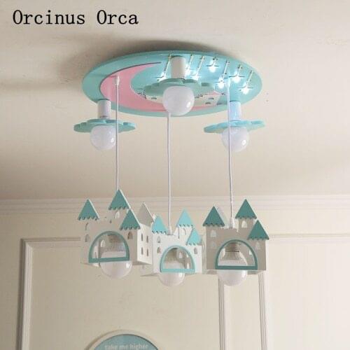 Cartoon Creative Castle Chandelier Boys and Girls Bedroom Childrens Room Light Modern Simple Color Solid Wood House Chandelier