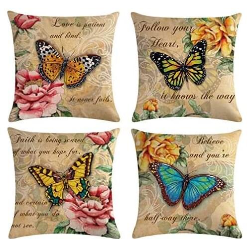 Butterfly Pattern Throw Pillow Covers Vintage Style Home Decorative Cushion Cover Yellow&Pink Flowers Pillowcase 18x18