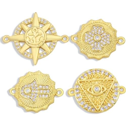 OCESRIO High Quality Brass CZ Fatima Hand Hamsa Charms for Bracelet Making Wholesale Evil Eye Connector Charms Two Hole chma054