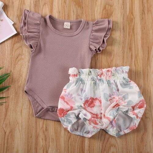 Pudcoco Newborn Baby Girl Clothes Solid Color Knitted Cotton Romper Tops Flower Print Short Pants 2Pcs Outfits Clothes