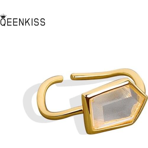 QEENKISS RG6191 2021Fine Jewelry Wholesale Fashion Woman Girl Birthday Wedding Gift Simple Square18KT Gold White Gold Open Ring