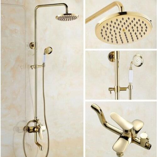Luxury Gold Color Brass Wall Mount 8" Rain Bathroom Rainfall Shower Faucet Set with Hand Spray Shower Head Tub Mixer Tap 2gf314