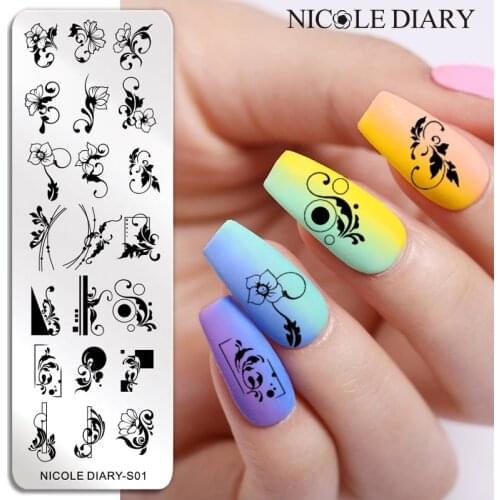 NICOLE DIARY Flower Stripe Nail Stamping Plates Snake Floral Leaf Design Stamp Template French Line Printing Stencil