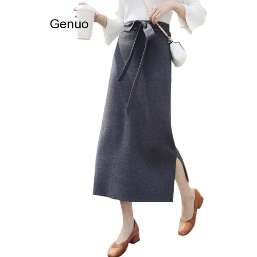 Woman Autumn Winter Knitting Skirt Solid Color Sashes Elastic Long Skirt Side Split Mid-Calf Maxi A-Line Skirt Female