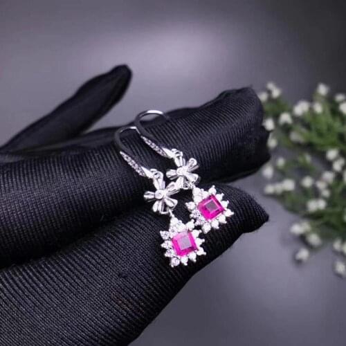 Simple fashion square Flower S925 silver natural pink tourmaline drop earrings natural gemstone women birthday gift jewelry