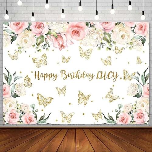 Gold Butterfly Pink Flowers Backdrops Girl Happy Birthday Party Decor Custom Photography Background Photo Studio Photozone Props