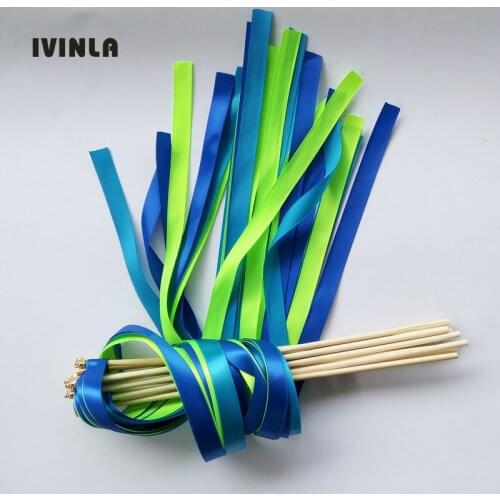 50pcs/lot Royal and green wedding ribbon wands With gold Bells for wedding party