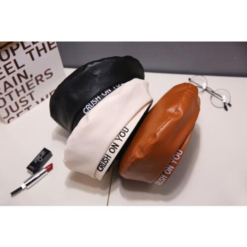 Letter beret female British retro Japanese net red octagonal hat bud hat pu leather hat female autumn and winter