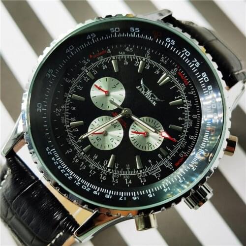 JARAGAR 2020 Top Brand Luxury Men Mechanical Watches 6 Hands Genuine Leather Strap Black Automatic Watch Wristwatches Man Colck