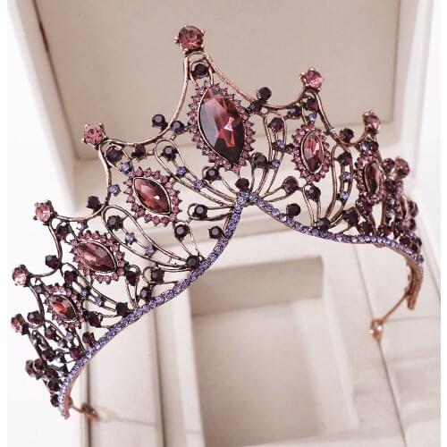 Purple Crystal Wedding Crown Headband Bridal Tiaras for Queen Party Pageant Black Headdress Bride Hair Jewelry Head Ornaments