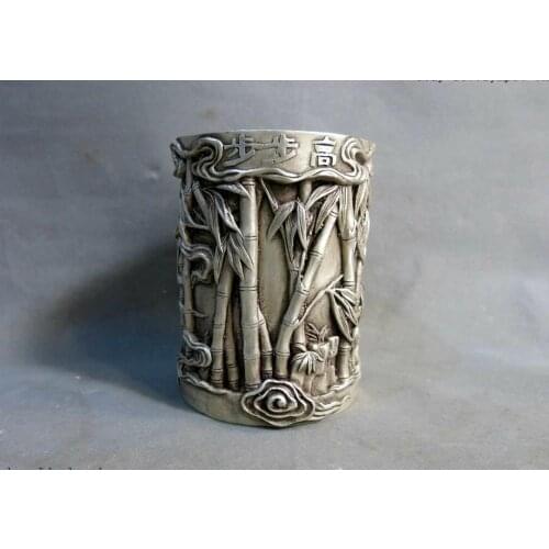 China silver carved the scholars one jewels bamboo writing brush Pot Statue