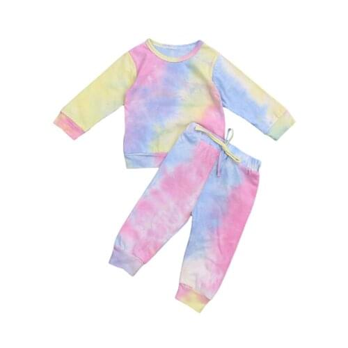 Little Girl’s Cotton Long-sleeved Suit Fresh Tie-dye Round Neck Pullover Top and Elastic Waist Long Pants