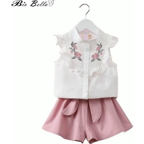 Fashion Girls Clothes Sets 2020 Summer Sleeve Flower Embrioderied Top+Bow Skirt 2 Piece Kids Childrens Clothing Girl Suit