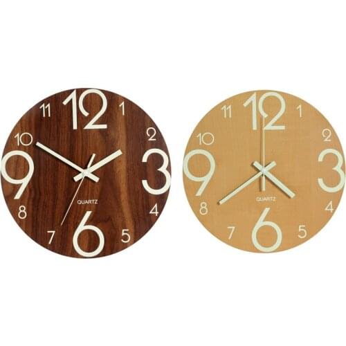 SHGO HOT-Luminous Wall Clock,12 Inch Wooden Silent Non-Ticking Kitchen Wall Clocks With Night Lights For Indoor/Outdoor Living R