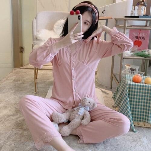 2021 Autumn Sexy Lace V-enck Pajama Sets for Women Korean Cotton Long Sleeve Sleepwear Pyjama Homewear Pijama Mujer Home Clothes