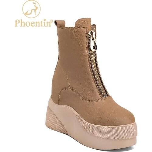 Phoentin front zipper wedge winter boots Womens super High Heels Platform shoes Genuine Leather round toe short boot FT1193