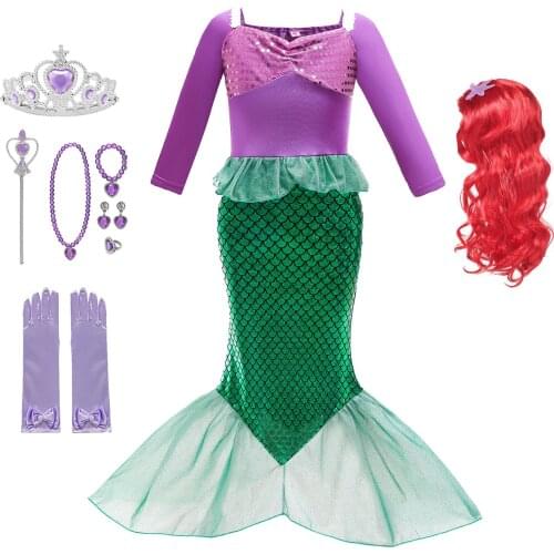 Halloween Girls Little Mermaid Ariel Princess Dress Kids Baby Ariel Cosplay Fancy Costume wig Accessories Birthday Party Gift